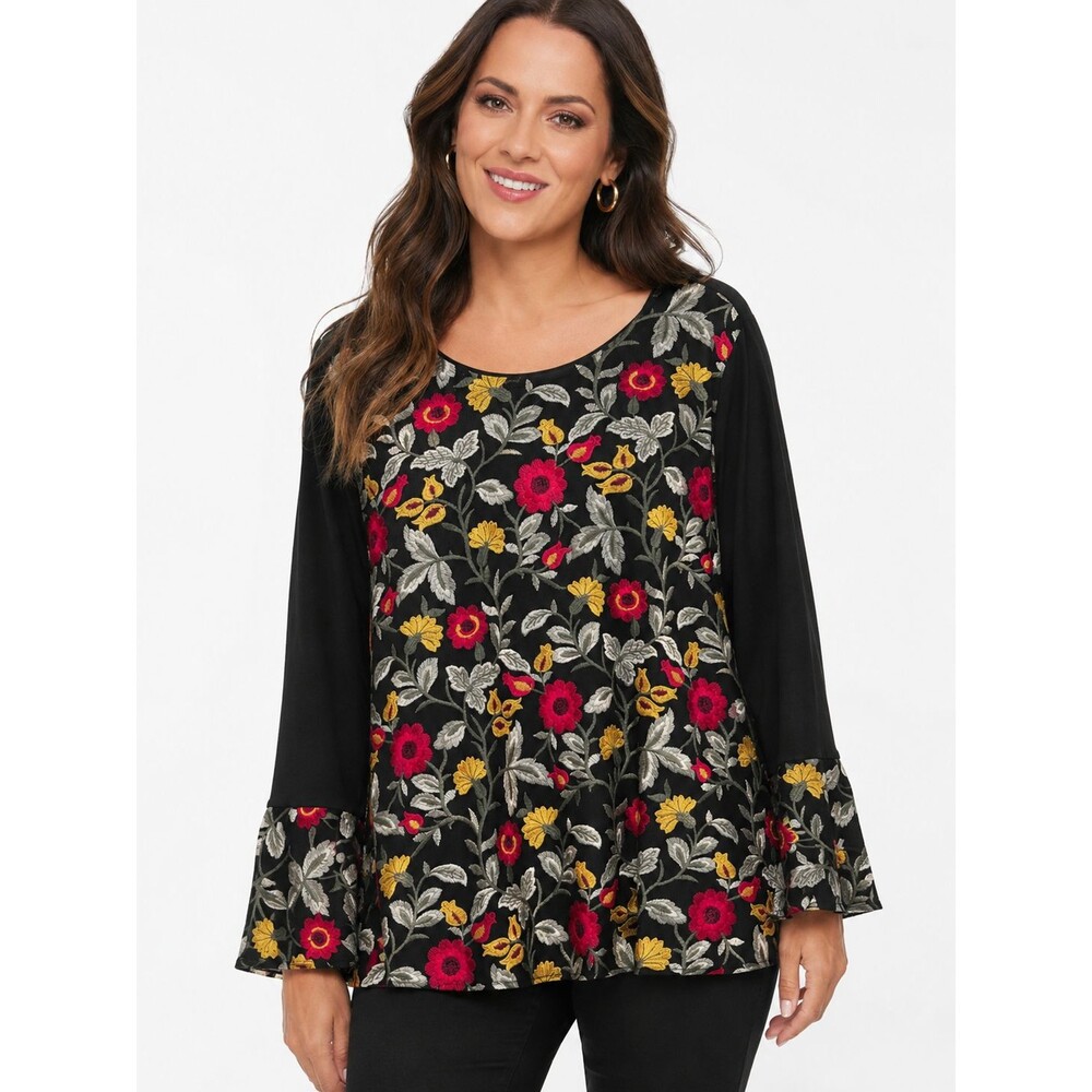 Susan Graver Top Size 1x Floral Embroidery Bell Ruffle Sleeve Artsy Classic